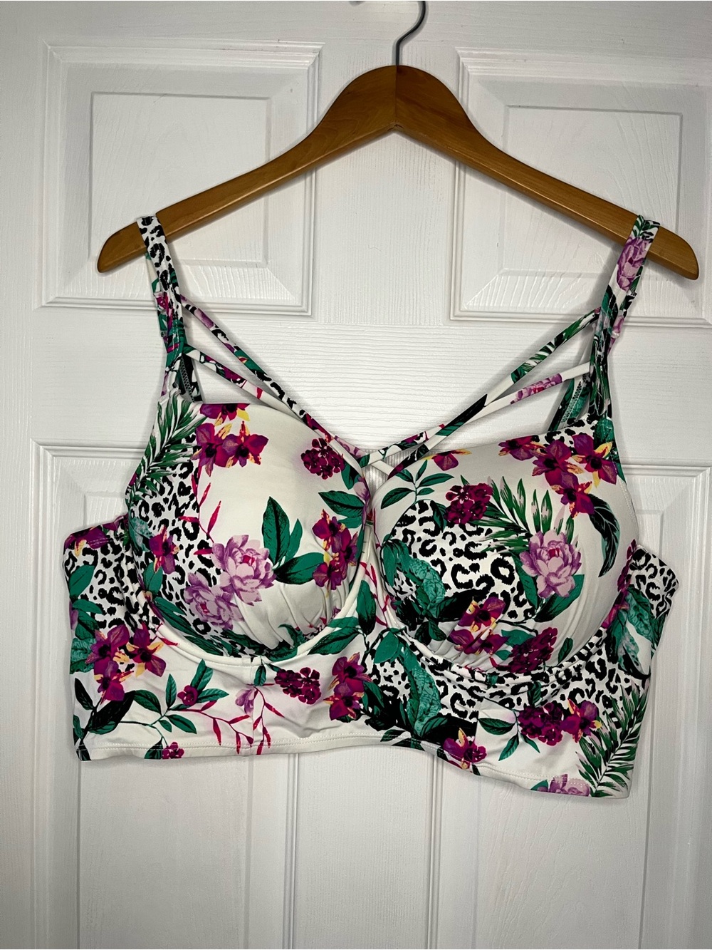 Floral & Leopard Print Swim Top in White, Green, Purple